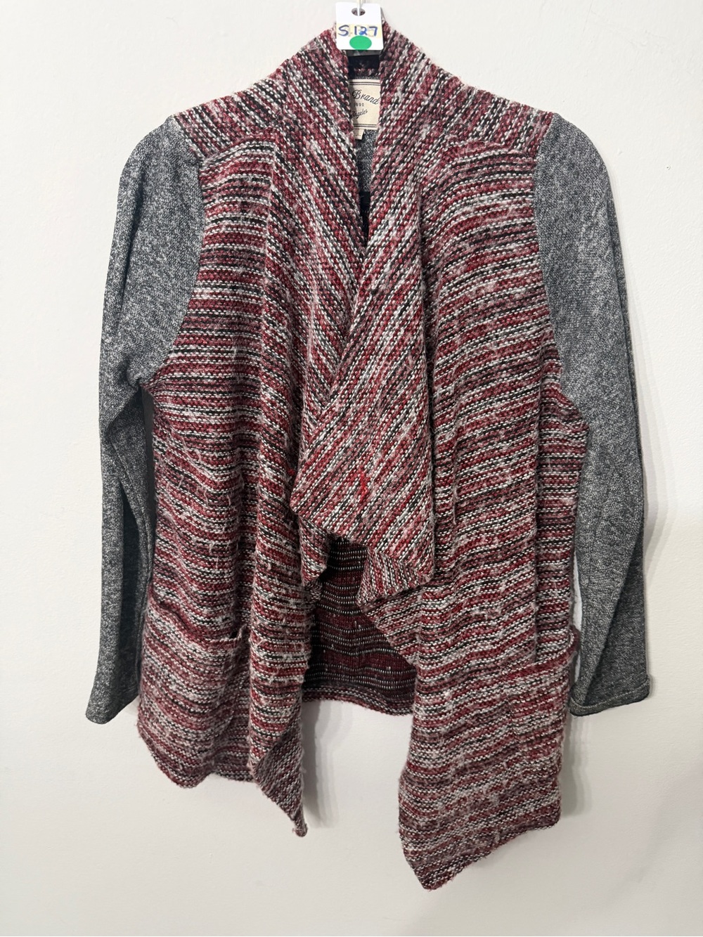 Lucky Brand Burgundy and Gray Open-Front Draped Cardigan